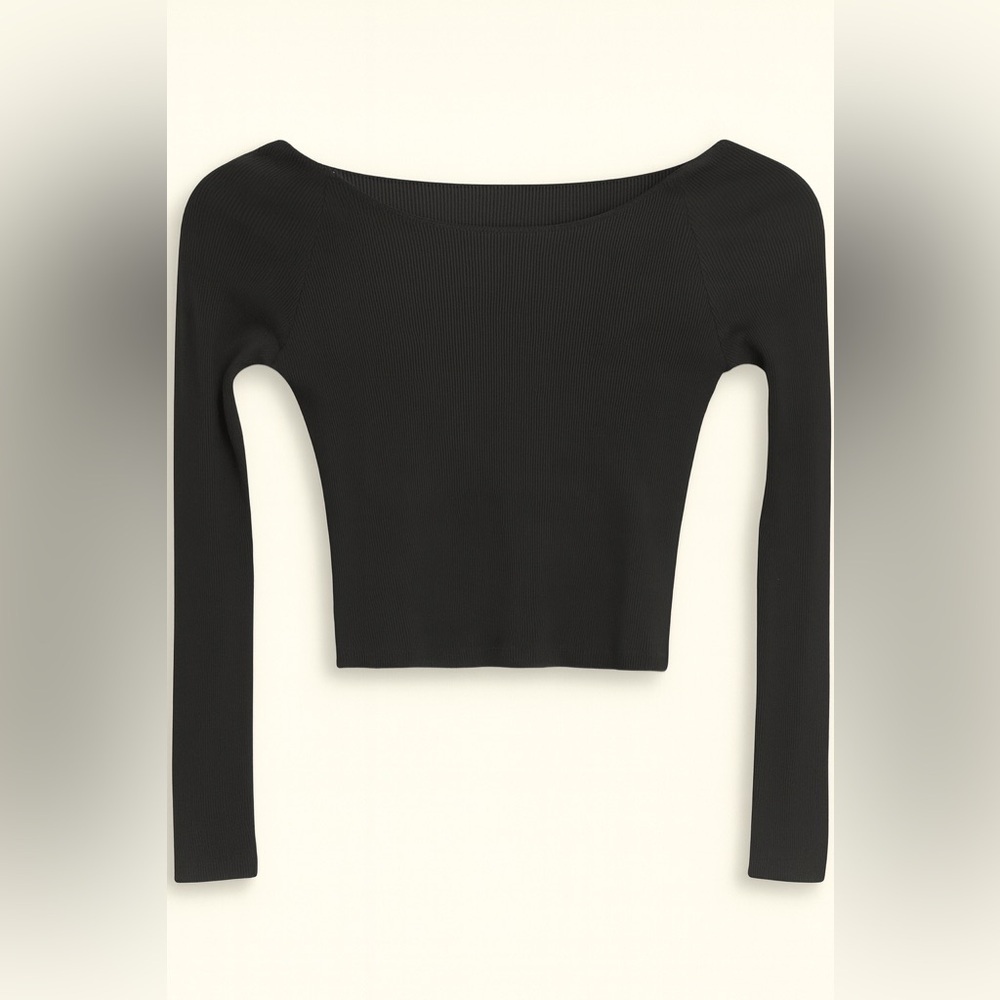 Brandy Melville Black Ribbed Off Shoulder Crop Top Long Sleeve One Size